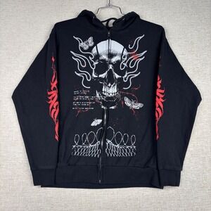 Thirty Single Mens Grunge Skull Graphic Goth Zip Up Hoodie Black Red Large